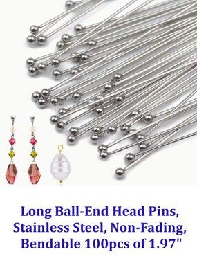 Long Ball-End Head Pins, Stainless Steel, Non-Fading, Bendable 100pcs of 1.97"